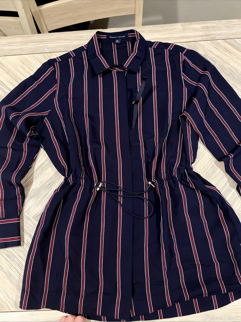 EUC Tommy Hilfiger Navy Red & White PinStripe Zippered Shirt/Shirt Dress Medium - Picture 12 of 13